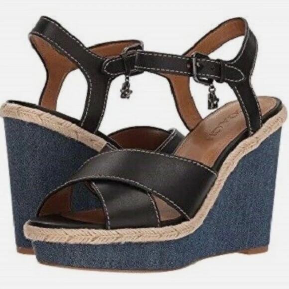 Coach Women's‎ Eaton Black Wedge Sandal Sz 9 - Picture 1 of 10